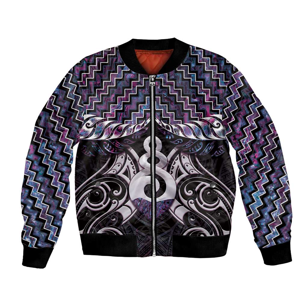 New Zealand Maori Bomber Jacket Poutama Pikorua Purple Paua Shell