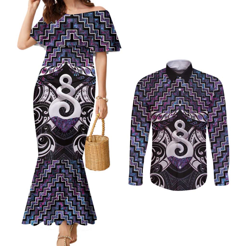 New Zealand Maori Couples Matching Mermaid Dress and Long Sleeve Button Shirt Poutama Pikorua Purple Paua Shell LT05 Purple - Polynesian Pride