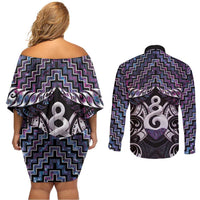 New Zealand Maori Couples Matching Off Shoulder Short Dress and Long Sleeve Button Shirt Poutama Pikorua Purple Paua Shell LT05 - Polynesian Pride