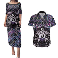 New Zealand Maori Couples Matching Puletasi and Hawaiian Shirt Poutama Pikorua Purple Paua Shell LT05 Purple - Polynesian Pride