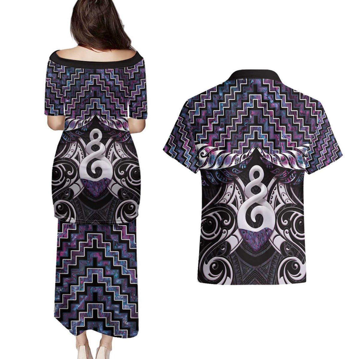 New Zealand Maori Couples Matching Puletasi and Hawaiian Shirt Poutama Pikorua Purple Paua Shell LT05 - Polynesian Pride