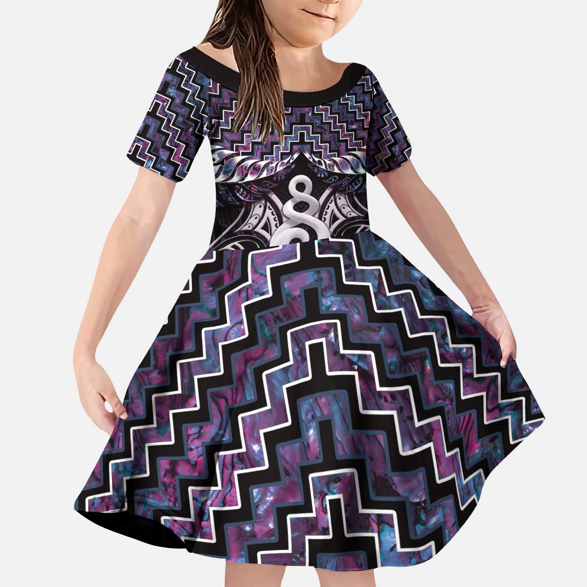 New Zealand Maori Kid Short Sleeve Dress Poutama Pikorua Purple Paua Shell LT05 KID Purple - Polynesian Pride