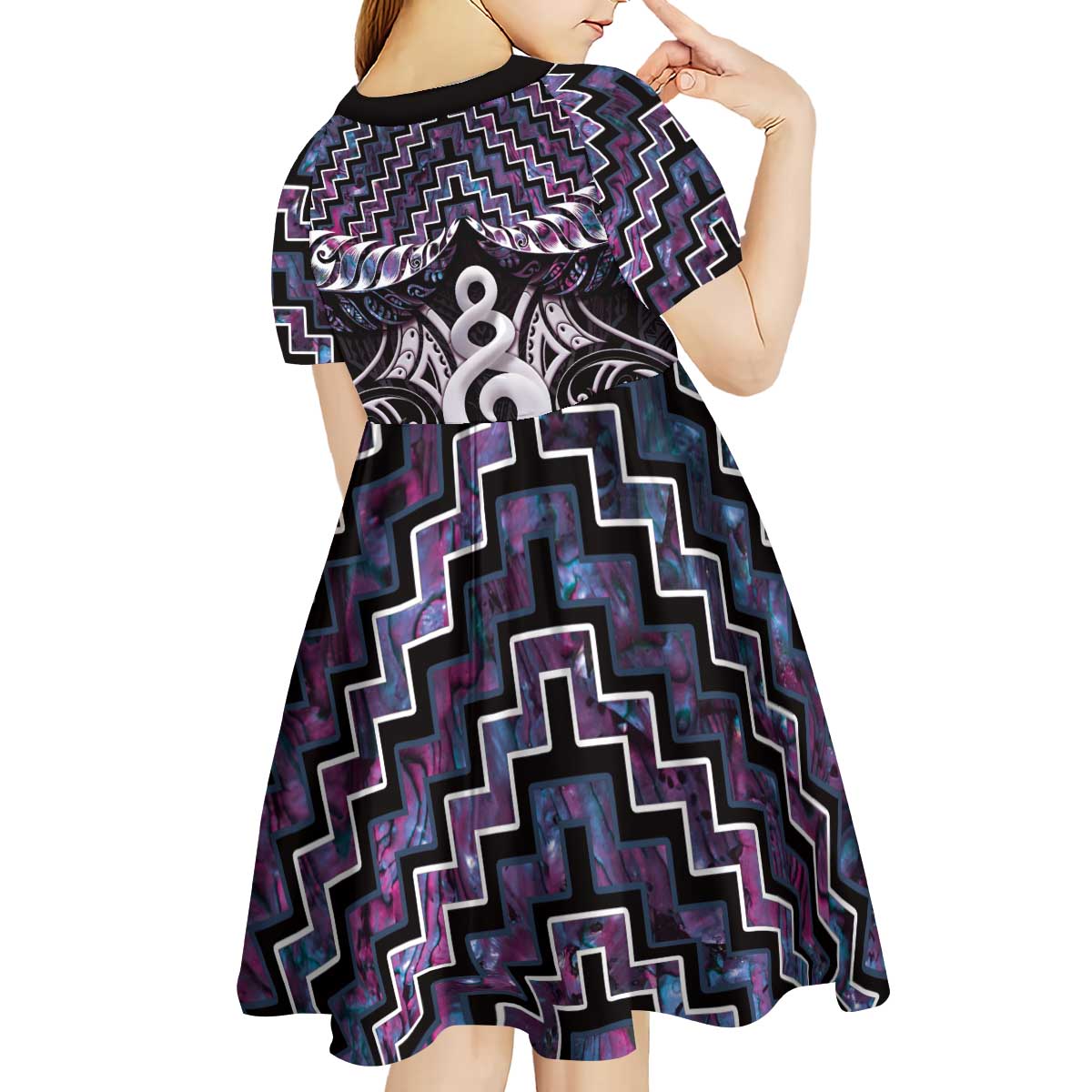 New Zealand Maori Kid Short Sleeve Dress Poutama Pikorua Purple Paua Shell LT05 - Polynesian Pride