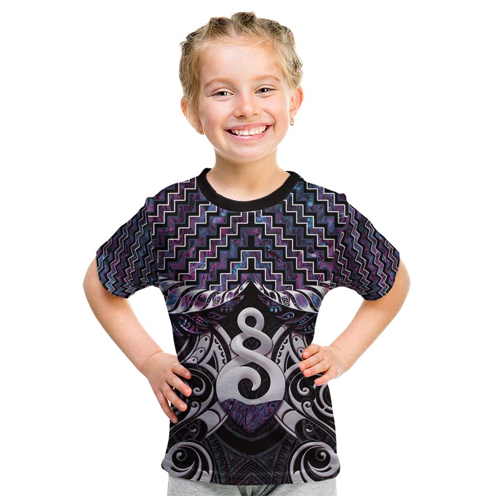 New Zealand Maori Kid T Shirt Poutama Pikorua Purple Paua Shell