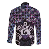 New Zealand Maori Long Sleeve Button Shirt Poutama Pikorua Purple Paua Shell