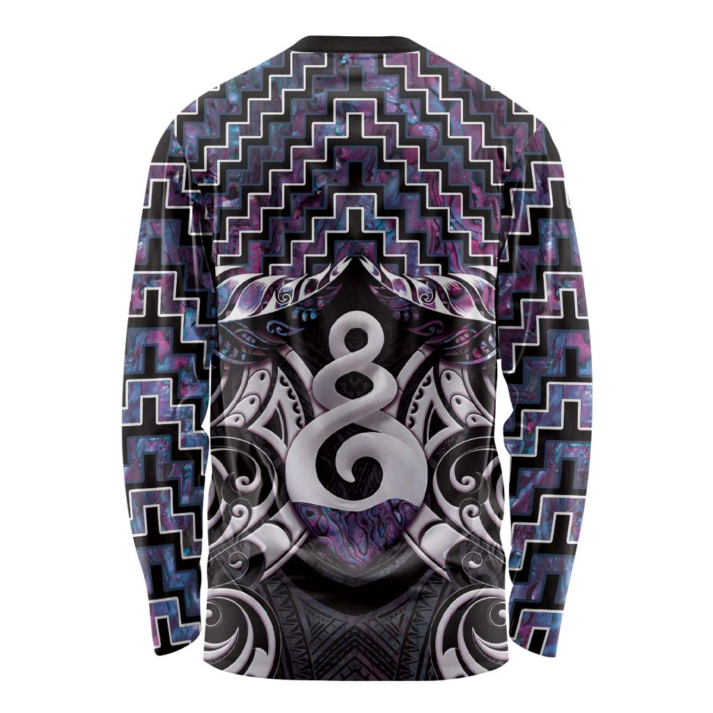 New Zealand Maori Long Sleeve Shirt Poutama Pikorua Purple Paua Shell
