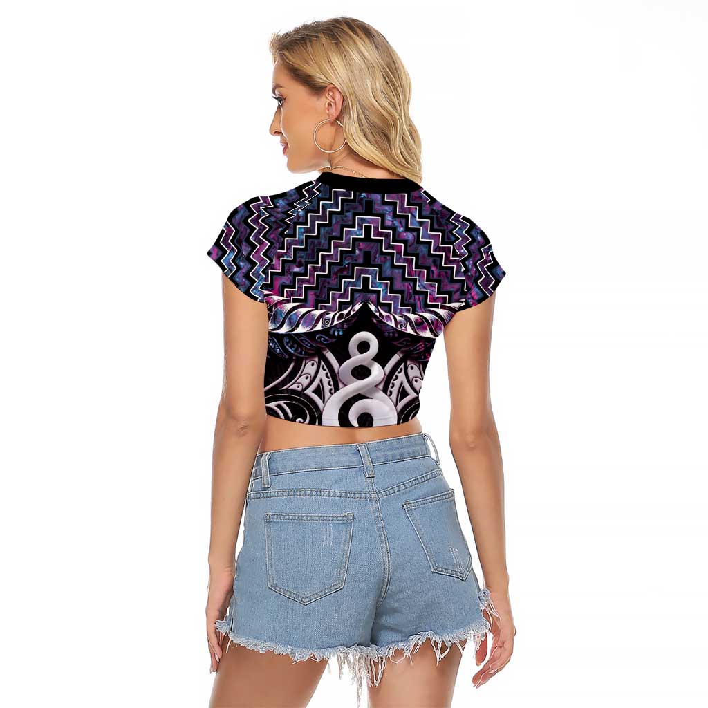 New Zealand Maori Raglan Cropped T Shirt Poutama Pikorua Purple Paua Shell