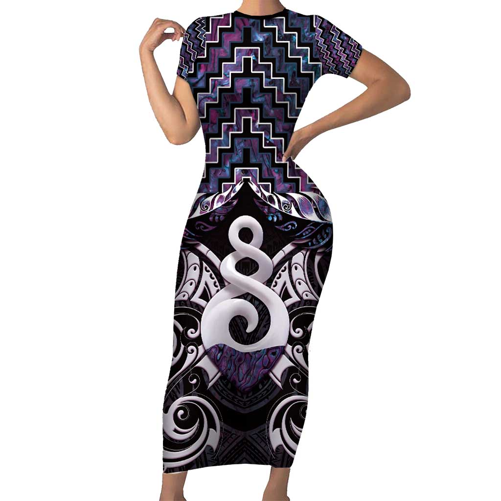 New Zealand Maori Short Sleeve Bodycon Dress Poutama Pikorua Purple Paua Shell LT05 Long Dress Purple - Polynesian Pride