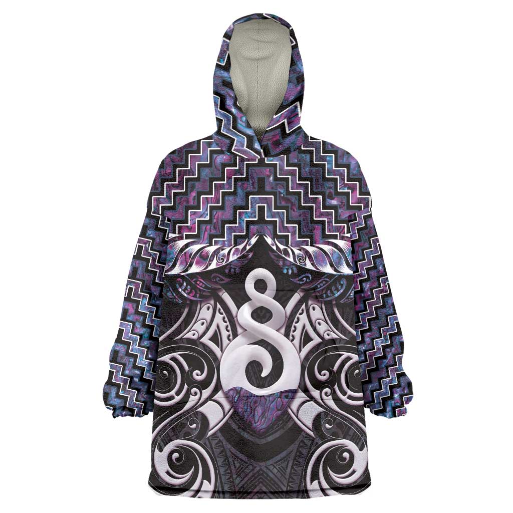 New Zealand Maori Wearable Blanket Hoodie Poutama Pikorua Purple Paua Shell