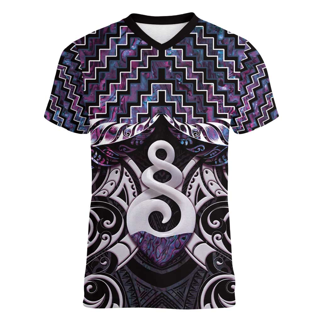 New Zealand Maori Women V-Neck T-Shirt Poutama Pikorua Purple Paua Shell LT05 Female Purple - Polynesian Pride