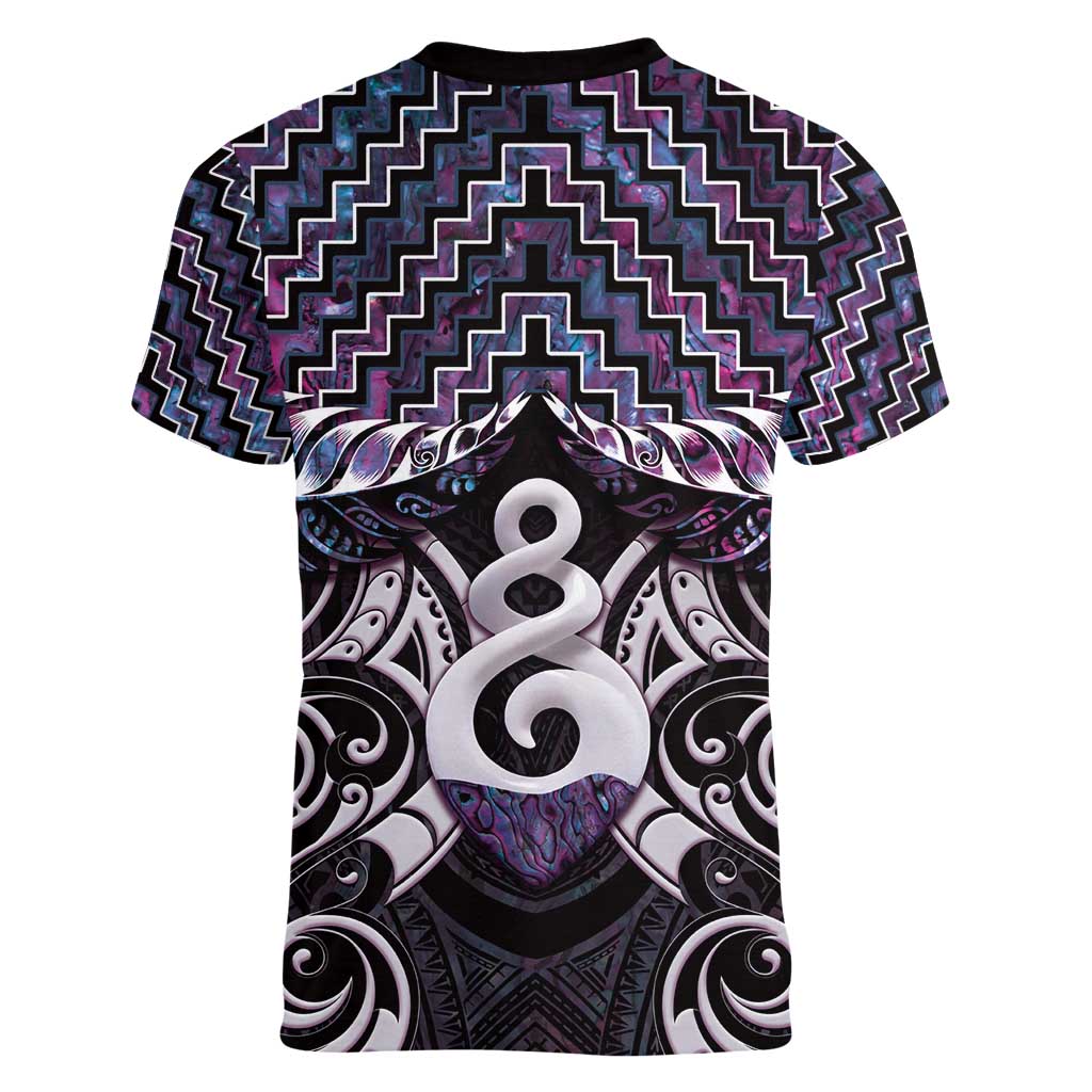 New Zealand Maori Women V-Neck T-Shirt Poutama Pikorua Purple Paua Shell LT05 - Polynesian Pride