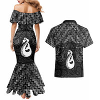 New Zealand Maori Couples Matching Mermaid Dress and Hawaiian Shirt Poutama Manaia Black Paua Shell
