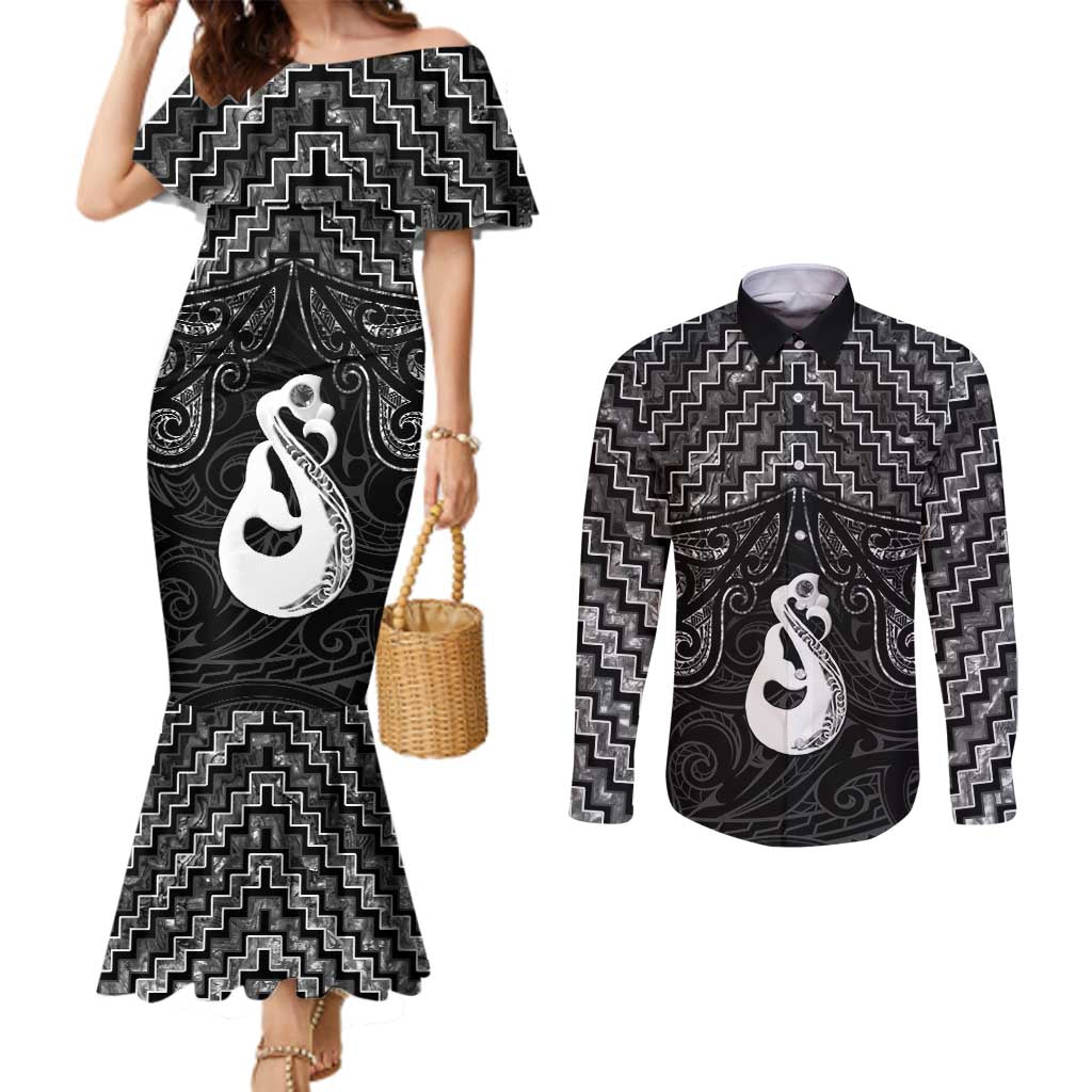 New Zealand Maori Couples Matching Mermaid Dress and Long Sleeve Button Shirt Poutama Manaia Black Paua Shell LT05 Black - Polynesian Pride