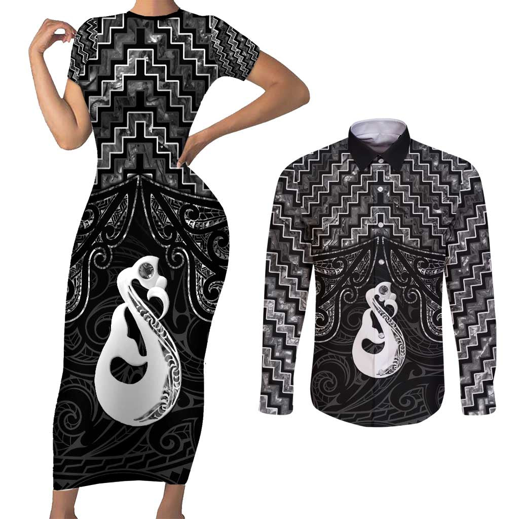 New Zealand Maori Couples Matching Short Sleeve Bodycon Dress and Long Sleeve Button Shirt Poutama Manaia Black Paua Shell LT05 Black - Polynesian Pride