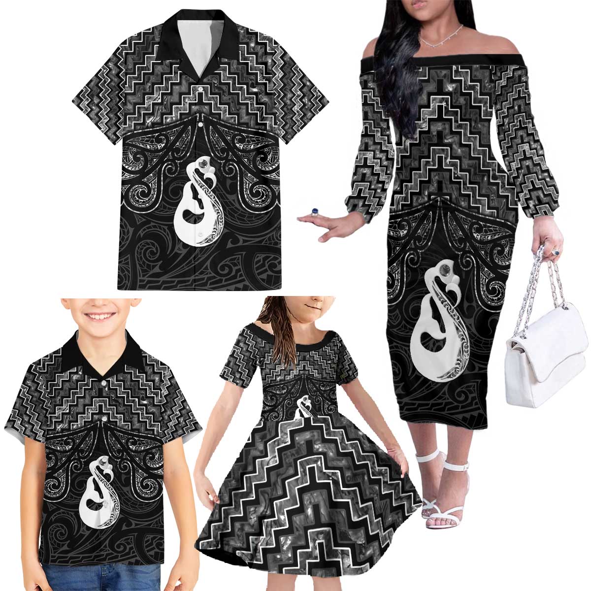 New Zealand Maori Family Matching Off The Shoulder Long Sleeve Dress and Hawaiian Shirt Poutama Manaia Black Paua Shell