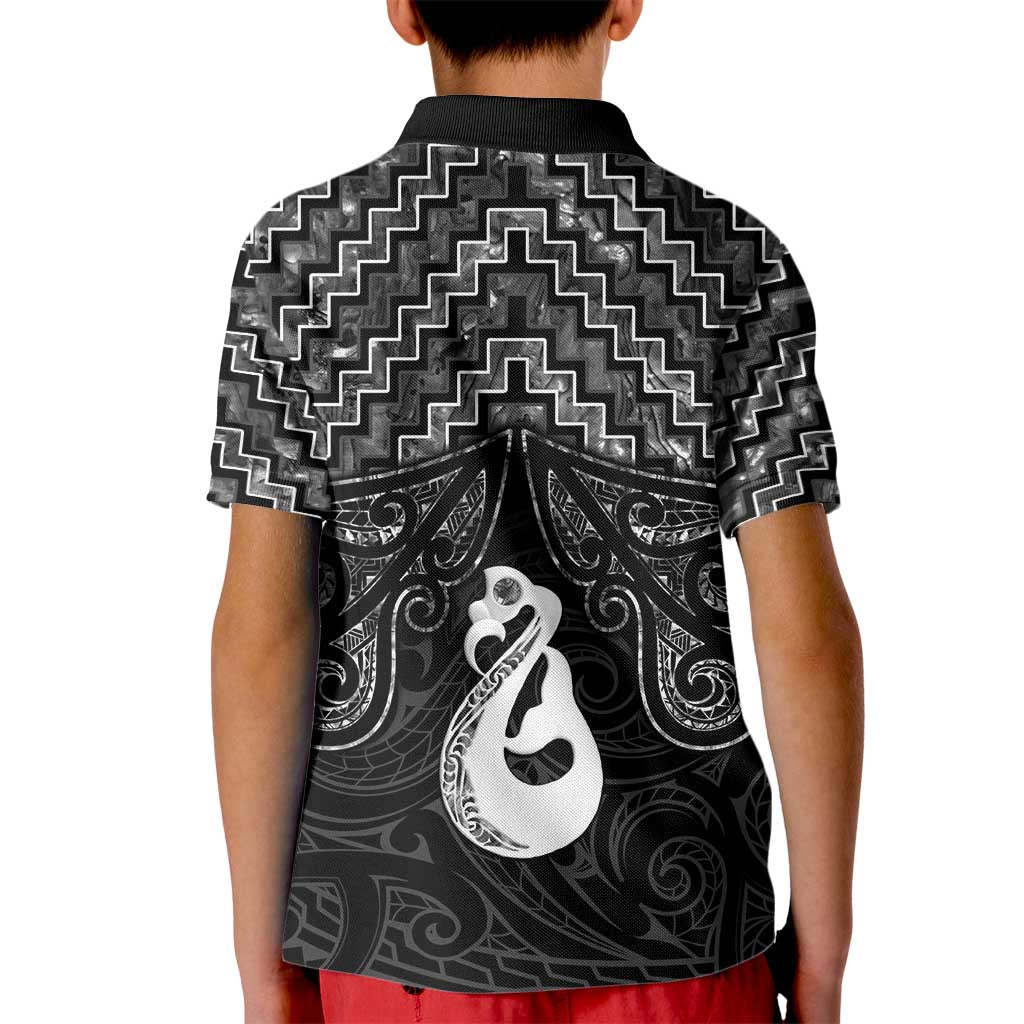 New Zealand Maori Kid Polo Shirt Poutama Manaia Black Paua Shell