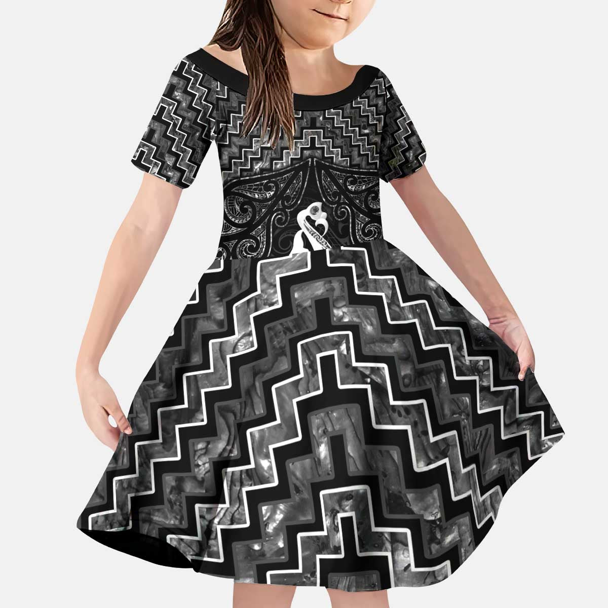 New Zealand Maori Kid Short Sleeve Dress Poutama Manaia Black Paua Shell