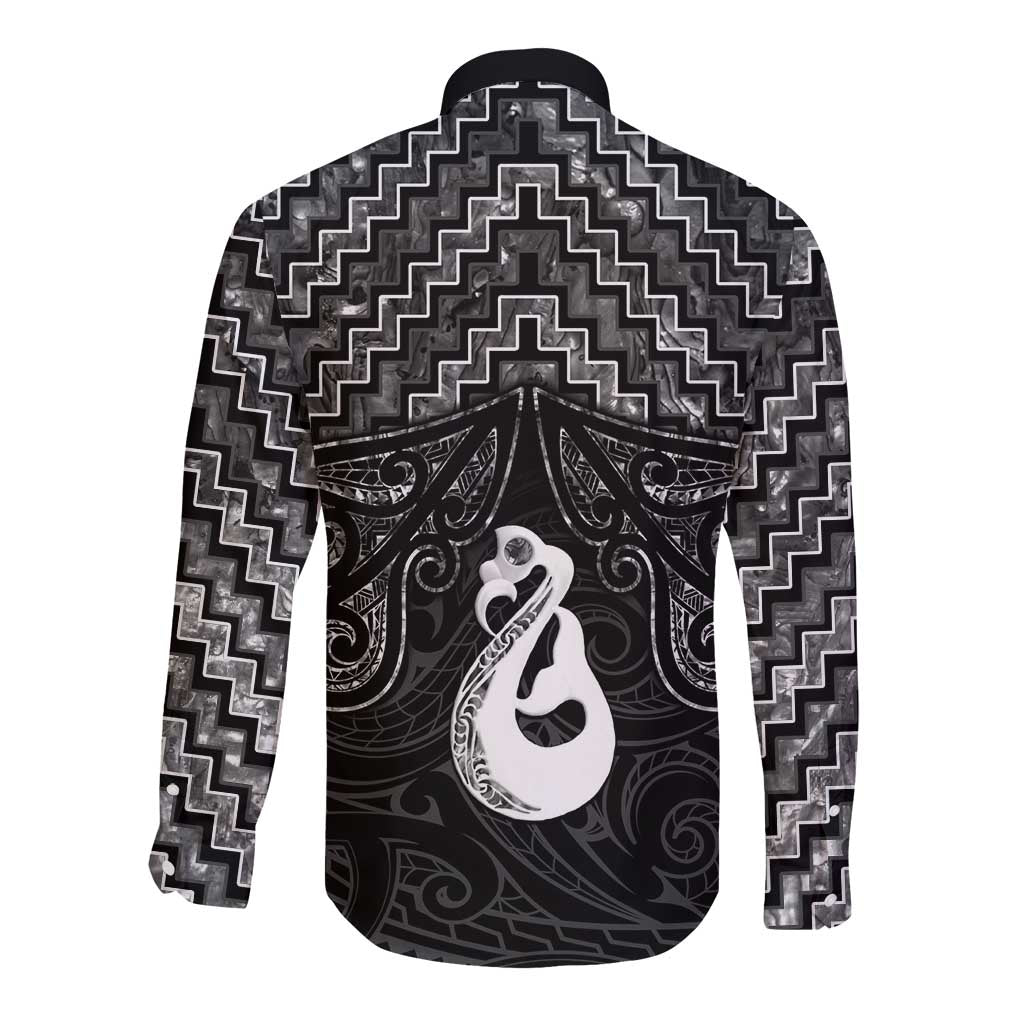 New Zealand Maori Long Sleeve Button Shirt Poutama Manaia Black Paua Shell