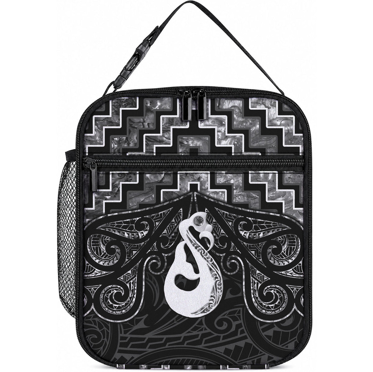 New Zealand Maori Lunch Bag Poutama Manaia Black Paua Shell LT05 10.2 × 8.3 × 4.3 inch Black - Polynesian Pride