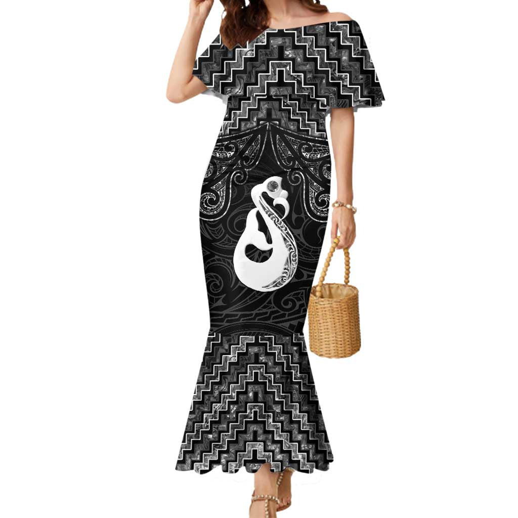 New Zealand Maori Mermaid Dress Poutama Manaia Black Paua Shell