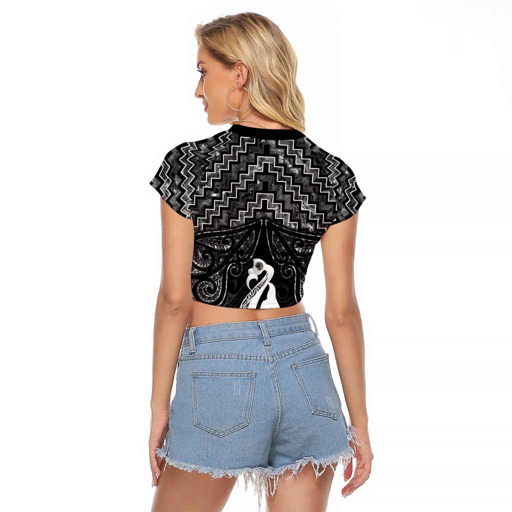 New Zealand Maori Raglan Cropped T Shirt Poutama Manaia Black Paua Shell