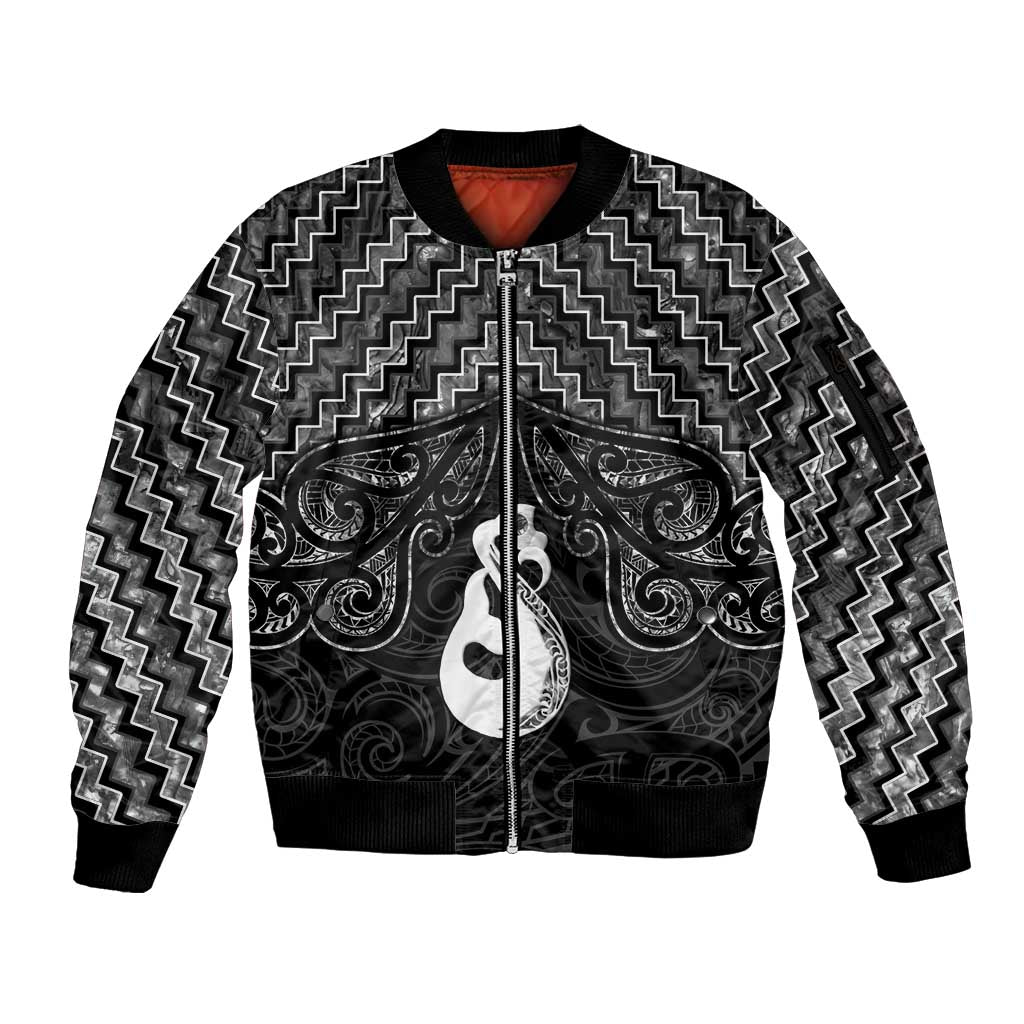 New Zealand Maori Sleeve Zip Bomber Jacket Poutama Manaia Black Paua Shell