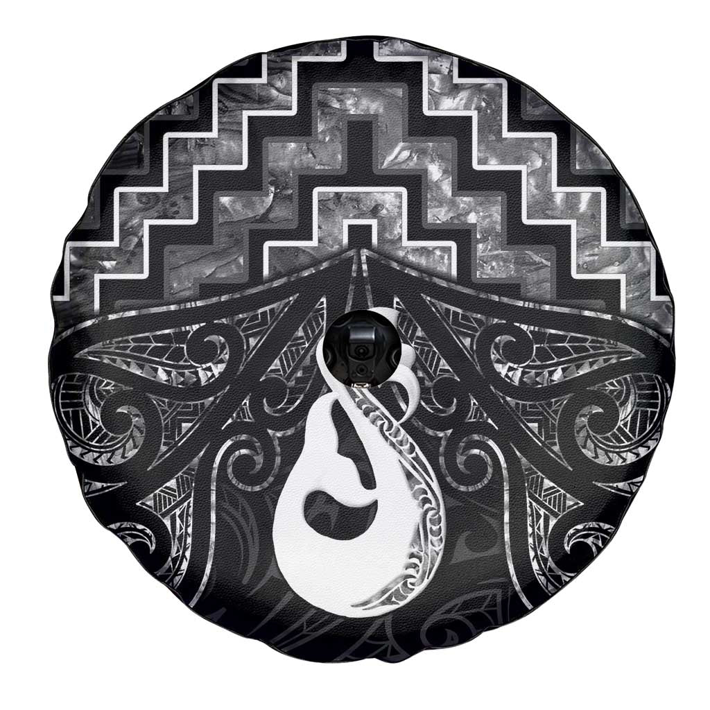 New Zealand Maori Spare Tire Cover Poutama Manaia Black Paua Shell