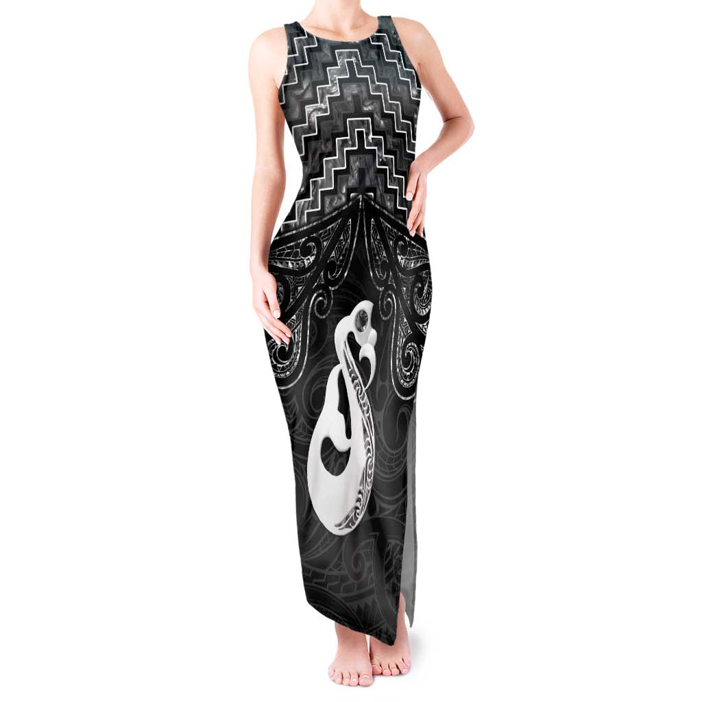 New Zealand Maori Tank Maxi Dress Poutama Manaia Black Paua Shell