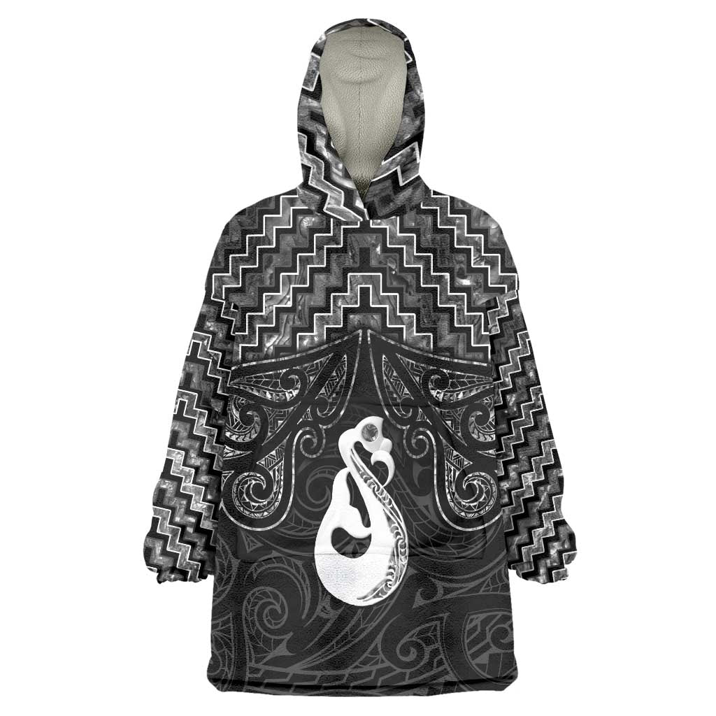 New Zealand Maori Wearable Blanket Hoodie Poutama Manaia Black Paua Shell