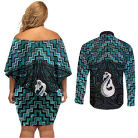 New Zealand Maori Couples Matching Off Shoulder Short Dress and Long Sleeve Button Shirt Poutama Manaia Turquoise Paua Shell LT05 - Polynesian Pride