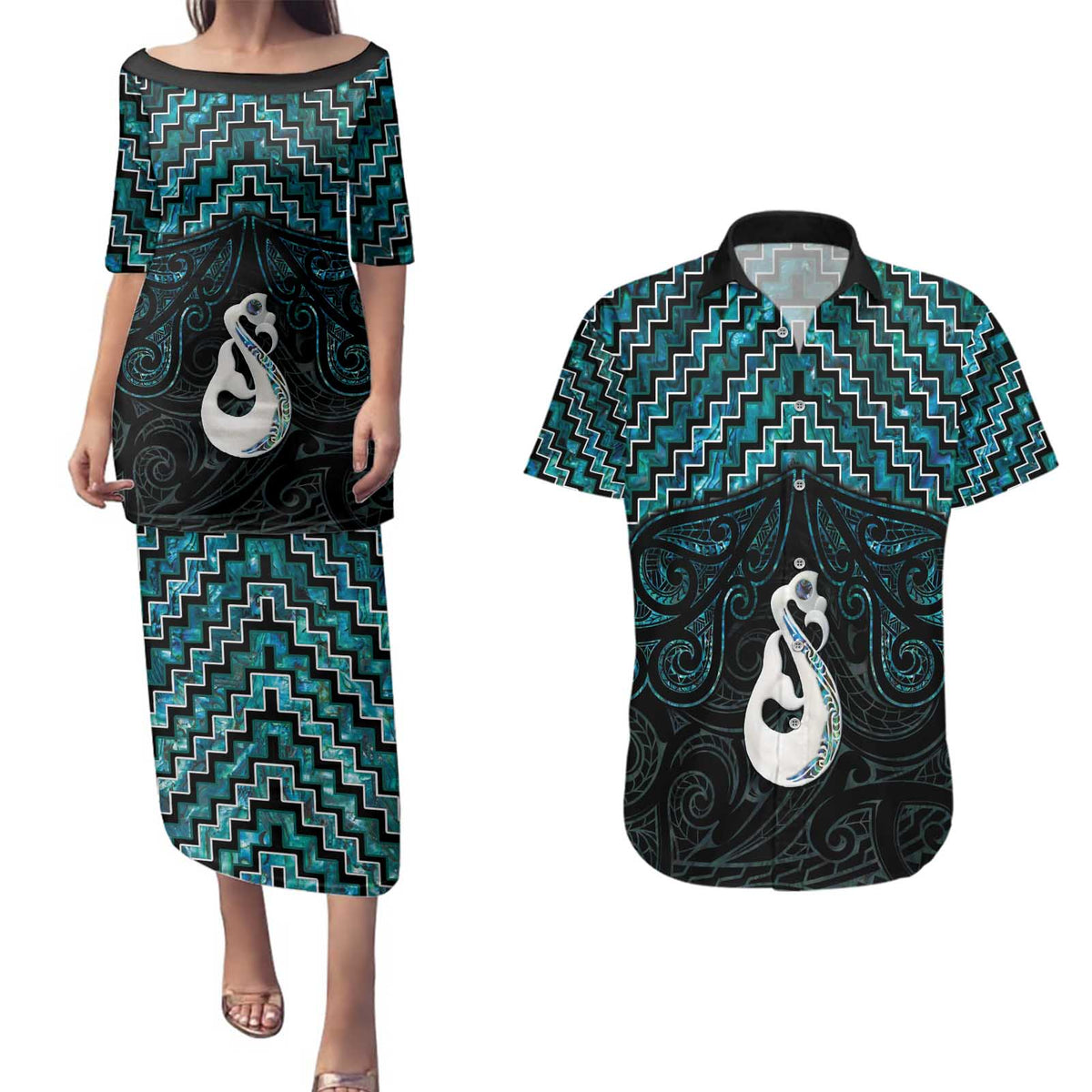 New Zealand Maori Couples Matching Puletasi and Hawaiian Shirt Poutama Manaia Turquoise Paua Shell LT05 Turquoise - Polynesian Pride