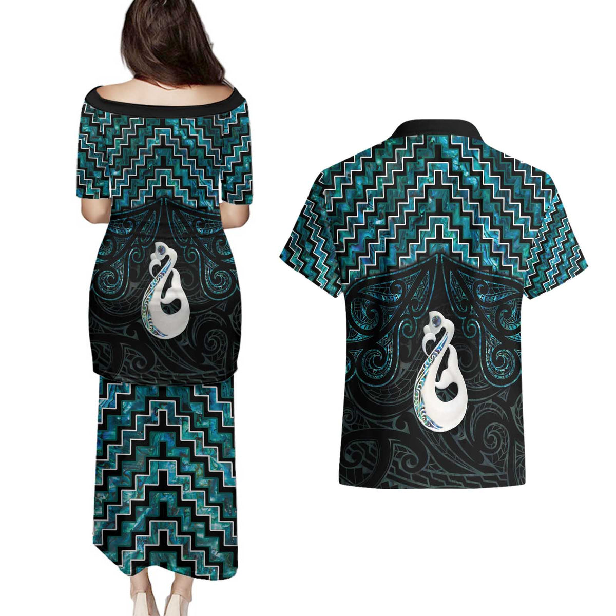 New Zealand Maori Couples Matching Puletasi and Hawaiian Shirt Poutama Manaia Turquoise Paua Shell LT05 - Polynesian Pride