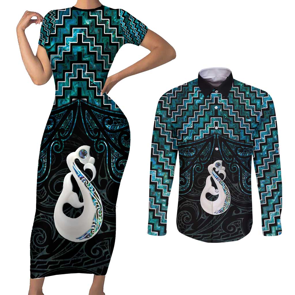 New Zealand Maori Couples Matching Short Sleeve Bodycon Dress and Long Sleeve Button Shirt Poutama Manaia Turquoise Paua Shell LT05 Turquoise - Polynesian Pride