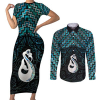 New Zealand Maori Couples Matching Short Sleeve Bodycon Dress and Long Sleeve Button Shirt Poutama Manaia Turquoise Paua Shell LT05 Turquoise - Polynesian Pride