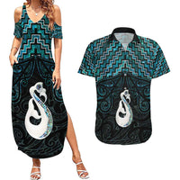 New Zealand Maori Couples Matching Summer Maxi Dress and Hawaiian Shirt Poutama Manaia Turquoise Paua Shell LT05 Turquoise - Polynesian Pride