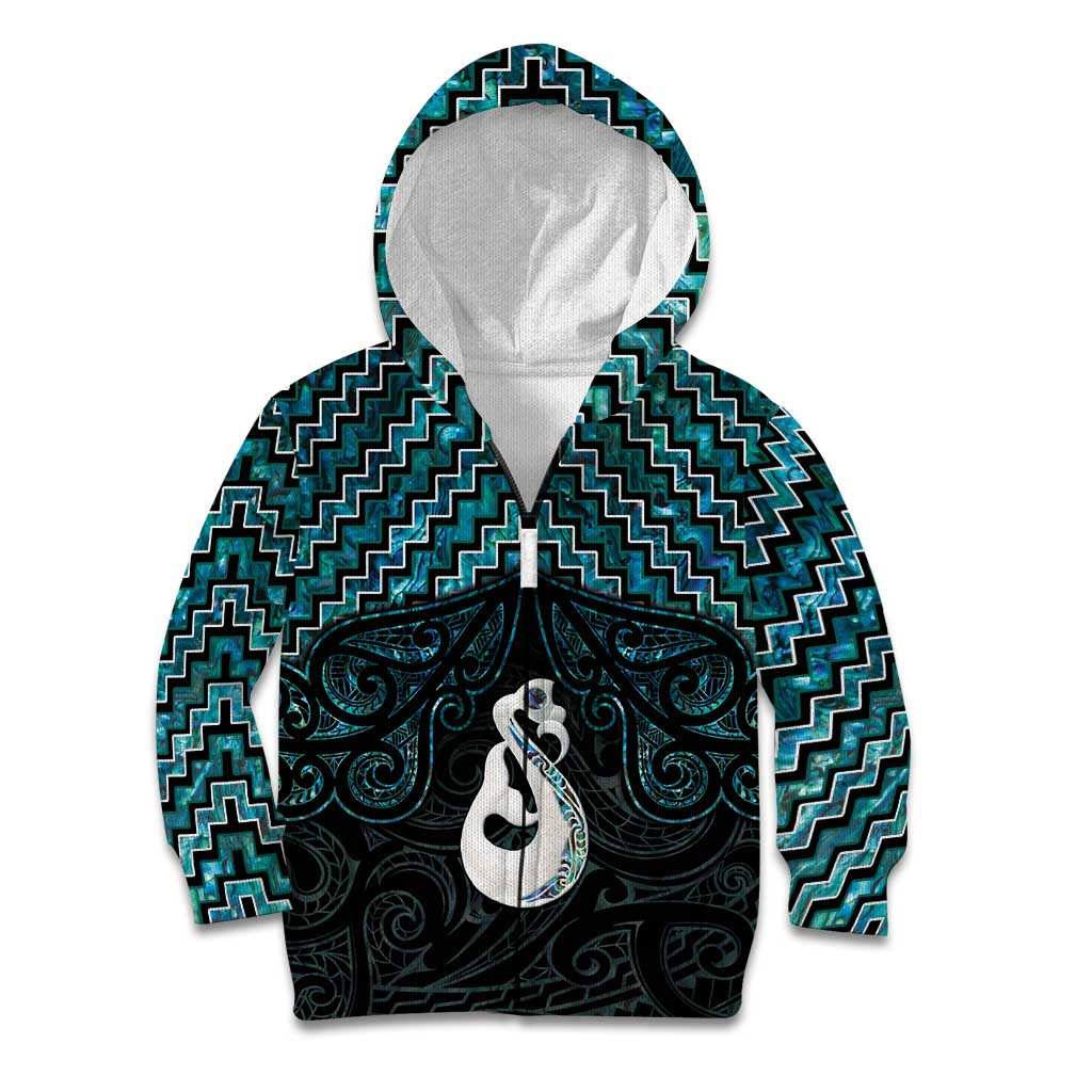 New Zealand Maori Kid Hoodie Poutama Manaia Turquoise Paua Shell