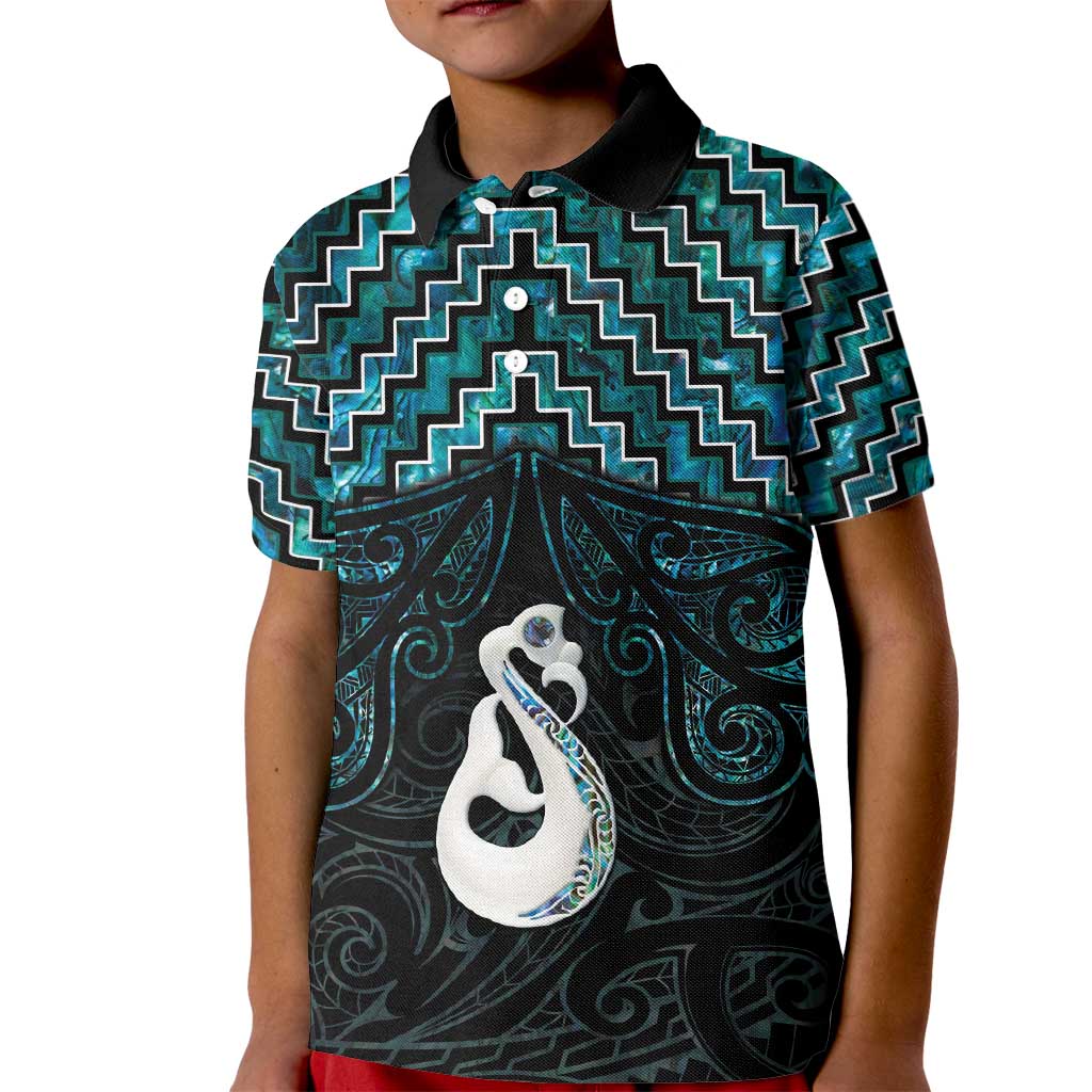 New Zealand Maori Kid Polo Shirt Poutama Manaia Turquoise Paua Shell