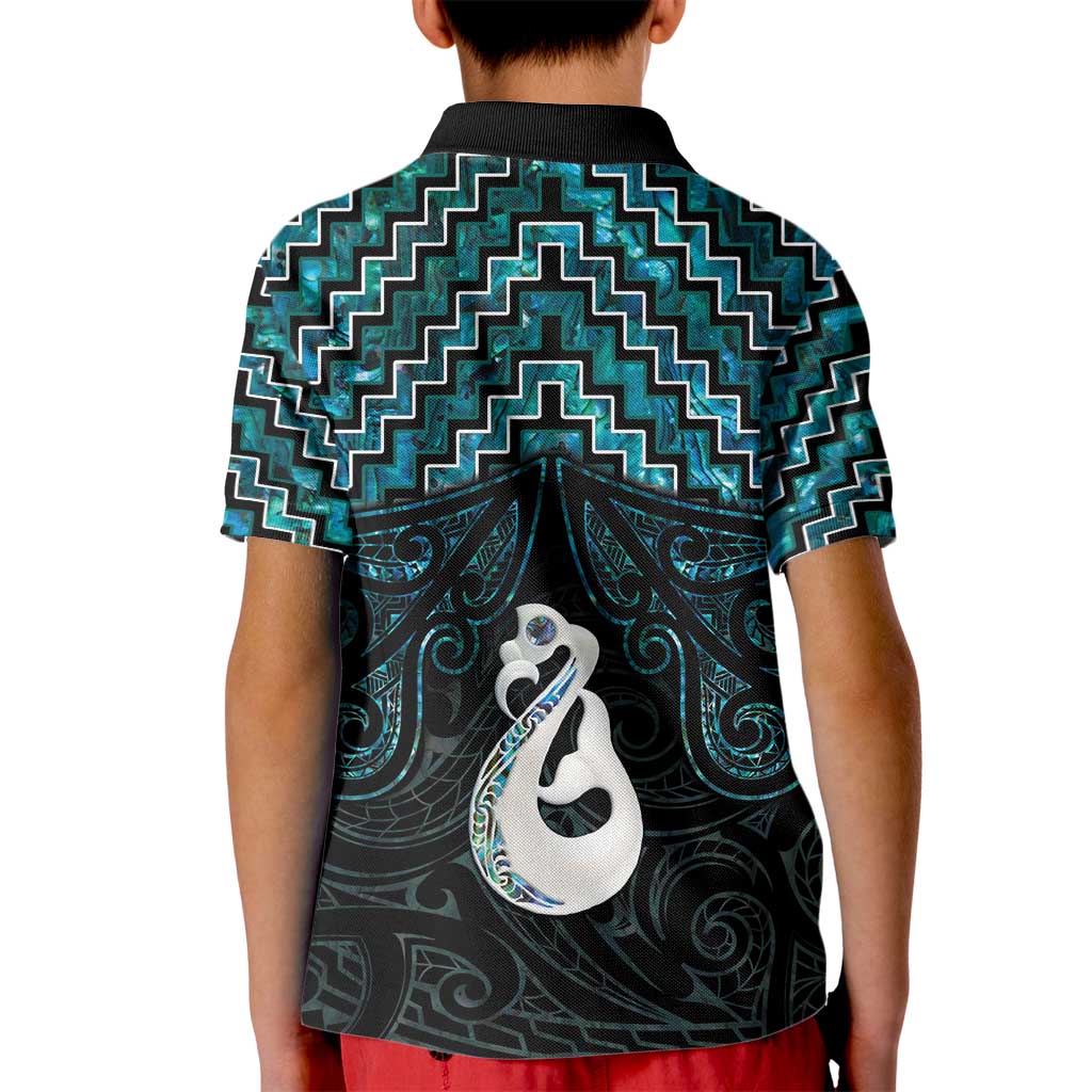 New Zealand Maori Kid Polo Shirt Poutama Manaia Turquoise Paua Shell