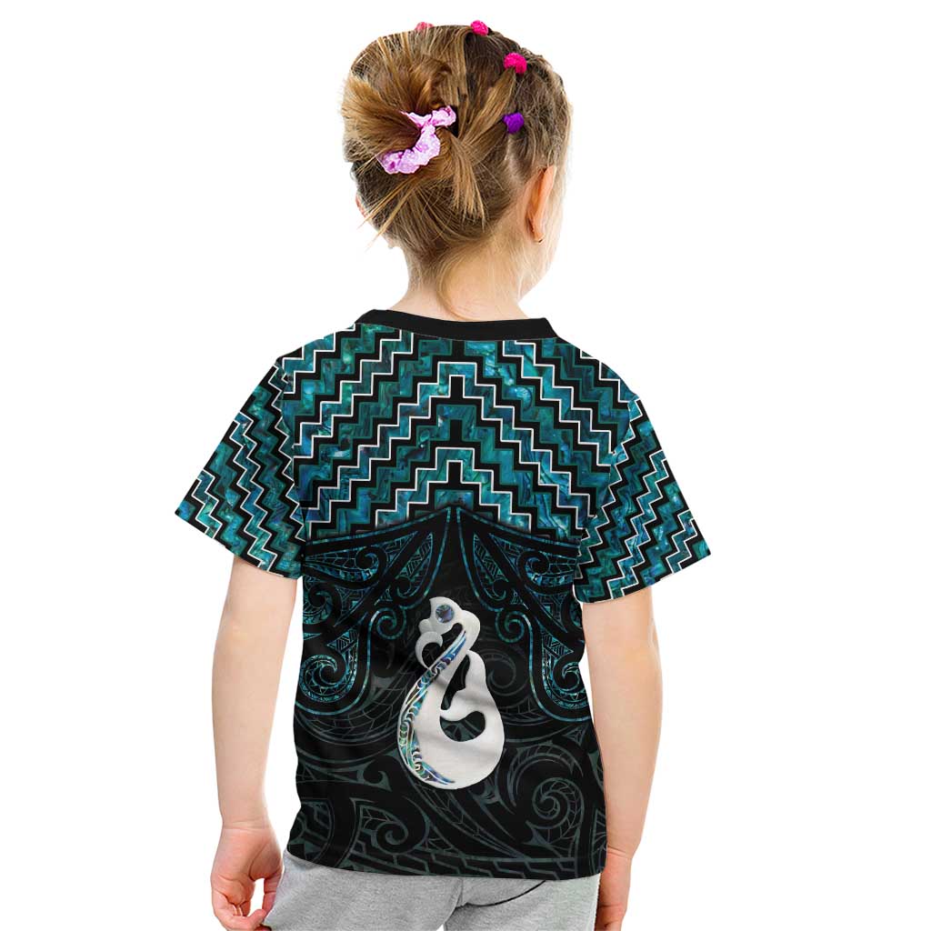 New Zealand Maori Kid T Shirt Poutama Manaia Turquoise Paua Shell