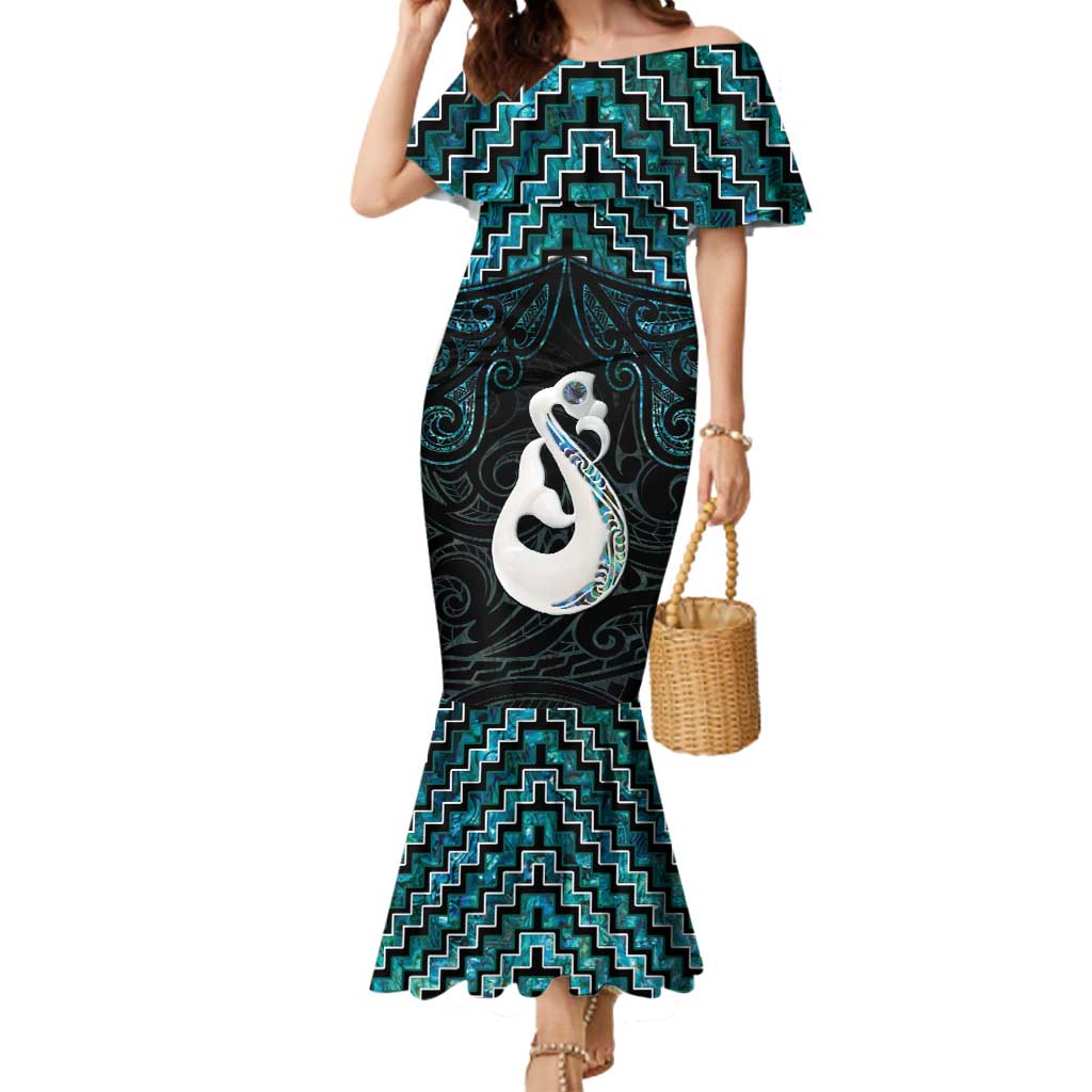 New Zealand Maori Mermaid Dress Poutama Manaia Turquoise Paua Shell