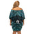 New Zealand Maori Off Shoulder Short Dress Poutama Manaia Turquoise Paua Shell