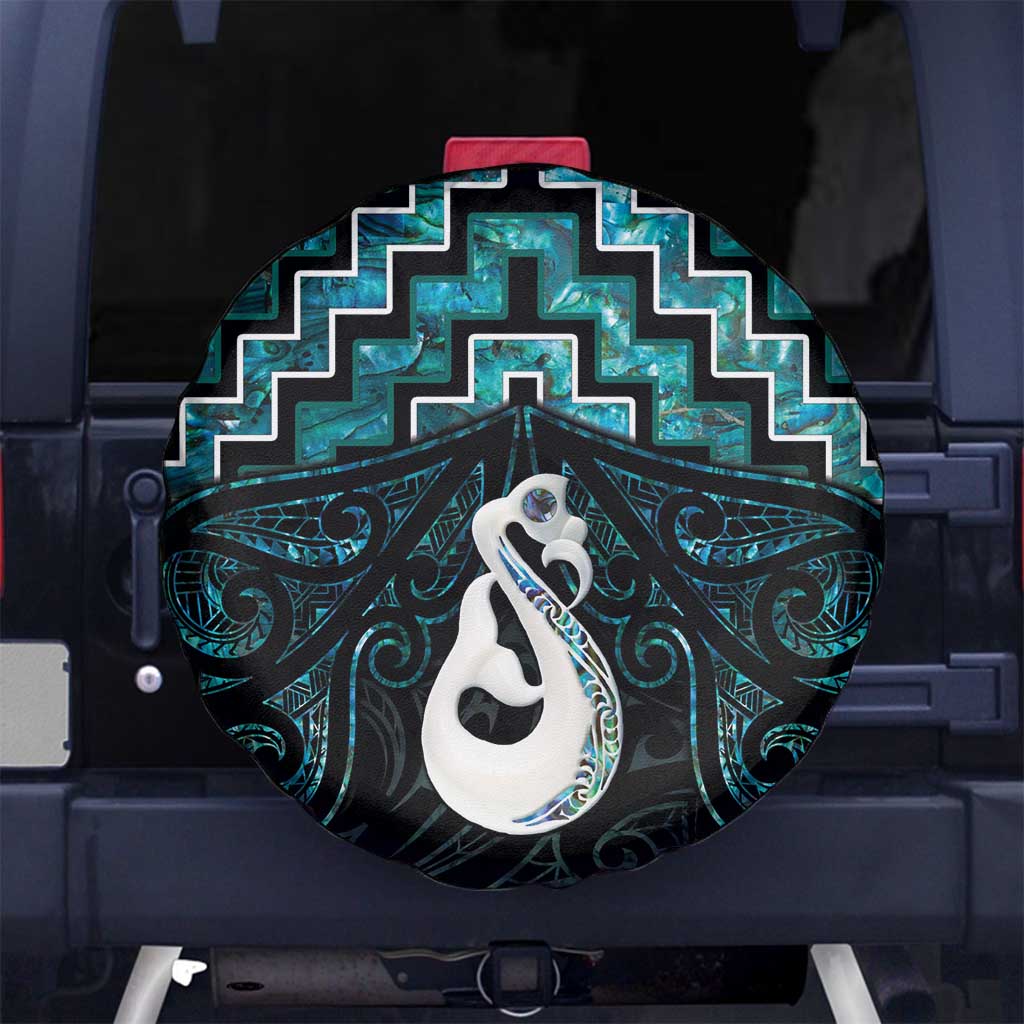 New Zealand Maori Spare Tire Cover Poutama Manaia Turquoise Paua Shell