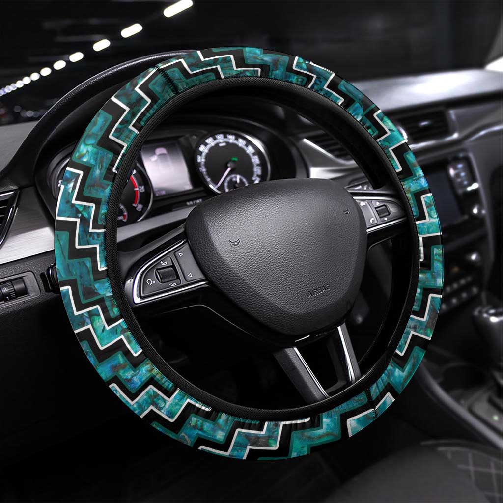 New Zealand Maori Steering Wheel Cover Poutama Manaia Turquoise Paua Shell