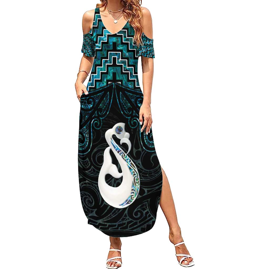 New Zealand Maori Summer Maxi Dress Poutama Manaia Turquoise Paua Shell