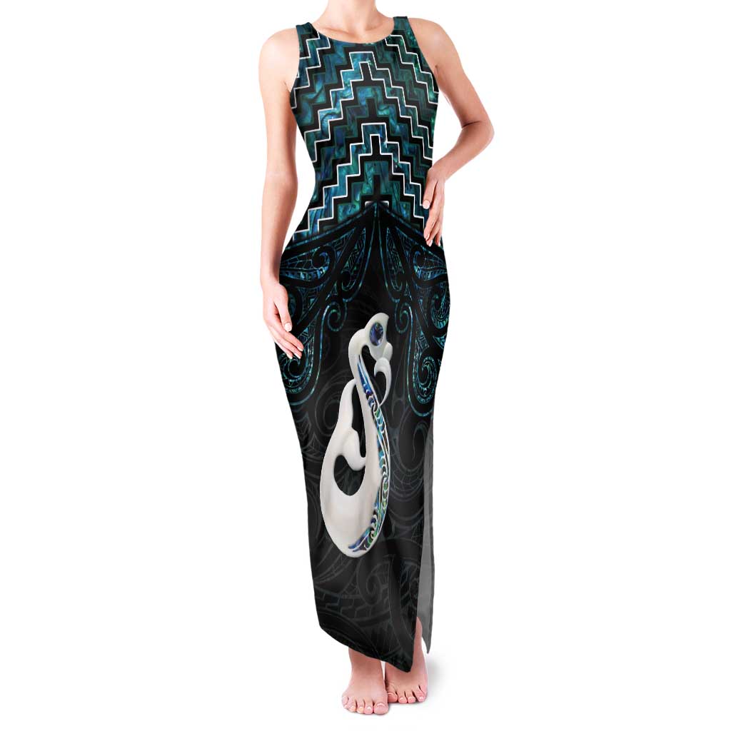 New Zealand Maori Tank Maxi Dress Poutama Manaia Turquoise Paua Shell