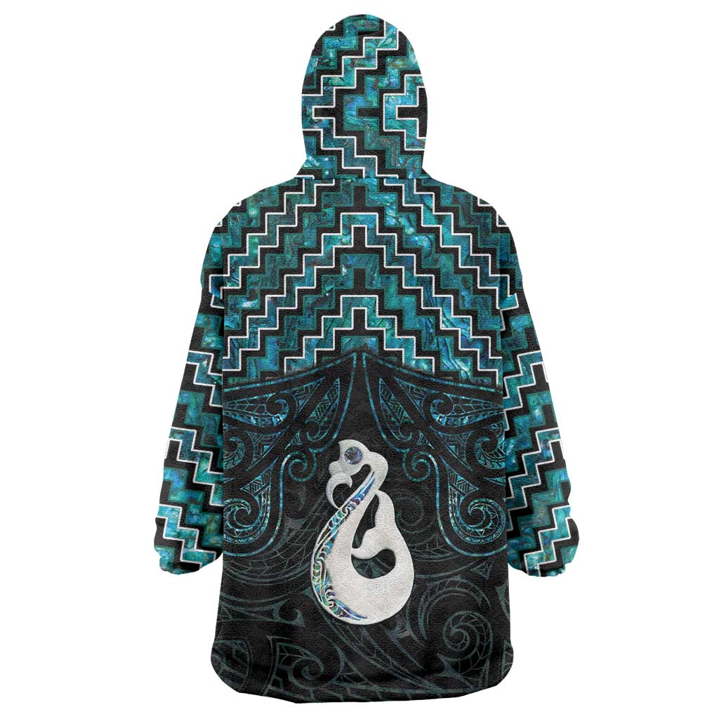 New Zealand Maori Wearable Blanket Hoodie Poutama Manaia Turquoise Paua Shell