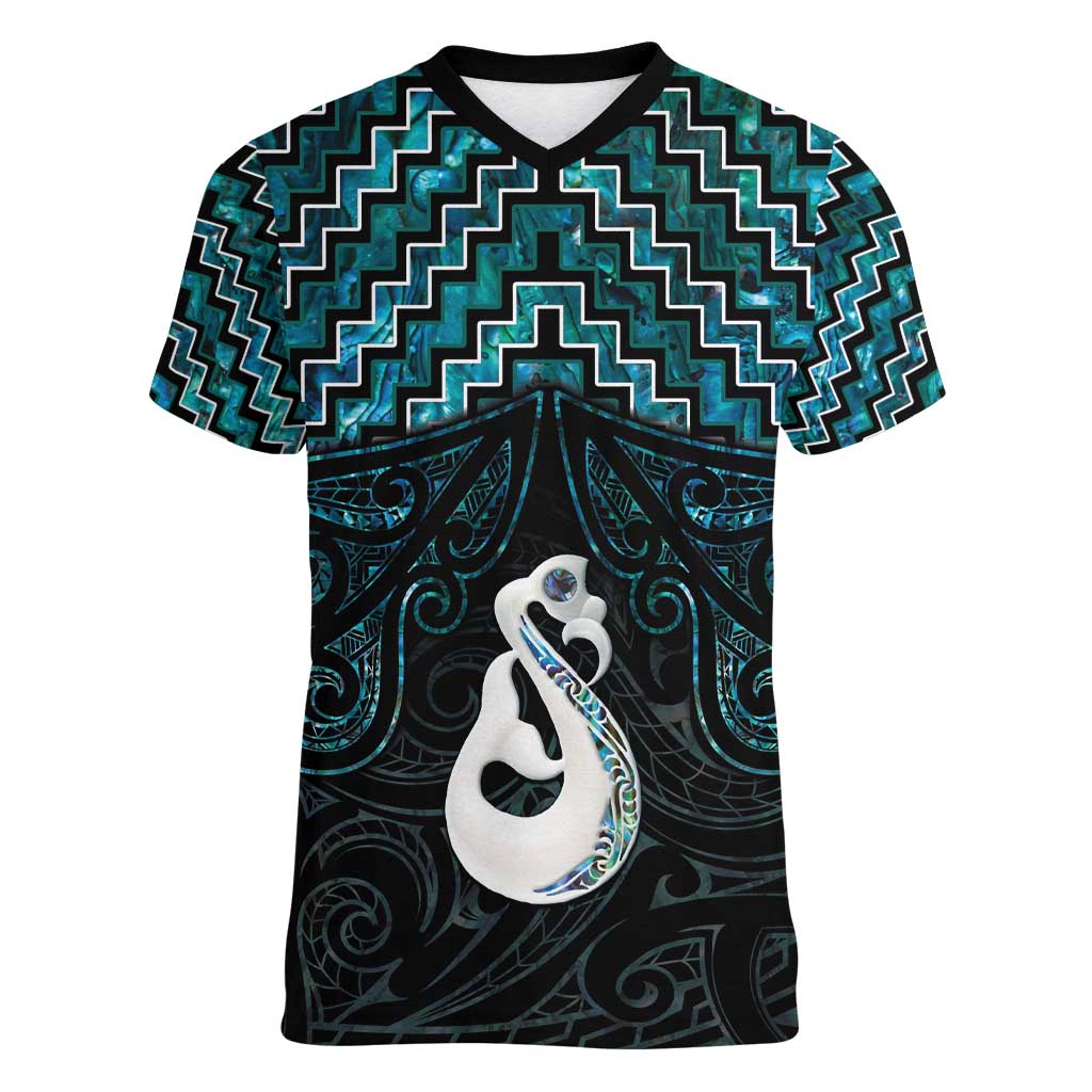 New Zealand Maori Women V-Neck T-Shirt Poutama Manaia Turquoise Paua Shell LT05 Female Turquoise - Polynesian Pride