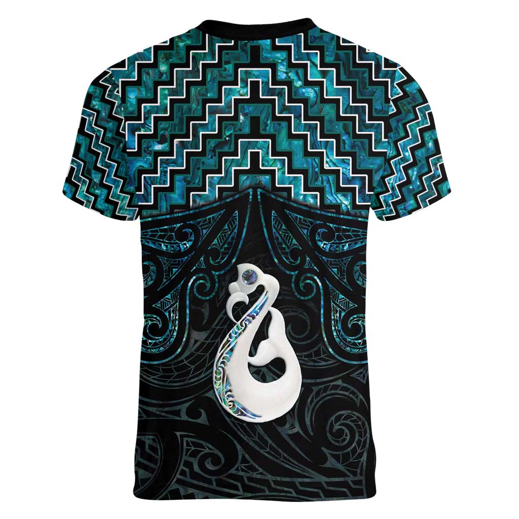 New Zealand Maori Women V-Neck T-Shirt Poutama Manaia Turquoise Paua Shell LT05 - Polynesian Pride
