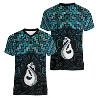 New Zealand Maori Women V-Neck T-Shirt Poutama Manaia Turquoise Paua Shell LT05 - Polynesian Pride