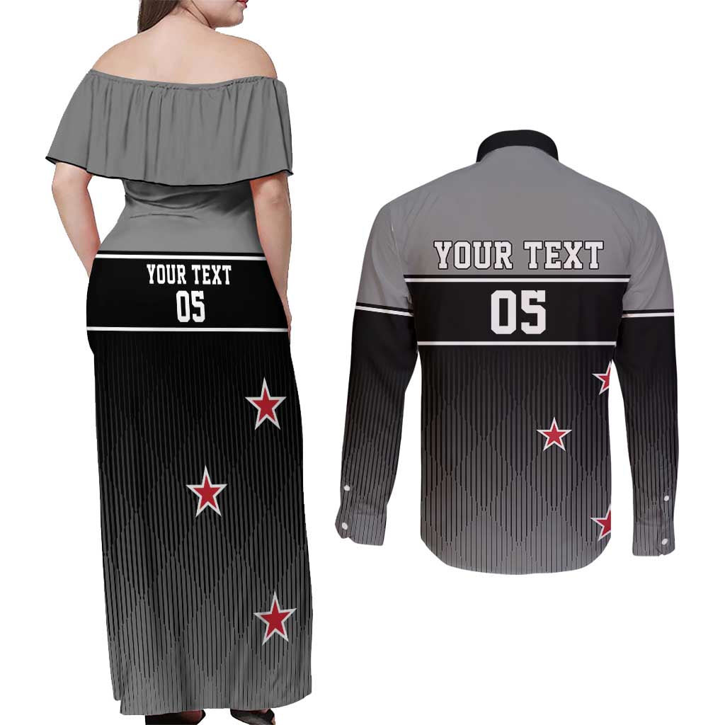 Custom New Zealand Cricket Couples Matching Off Shoulder Maxi Dress and Long Sleeve Button Shirt Black Cap Unbeatable